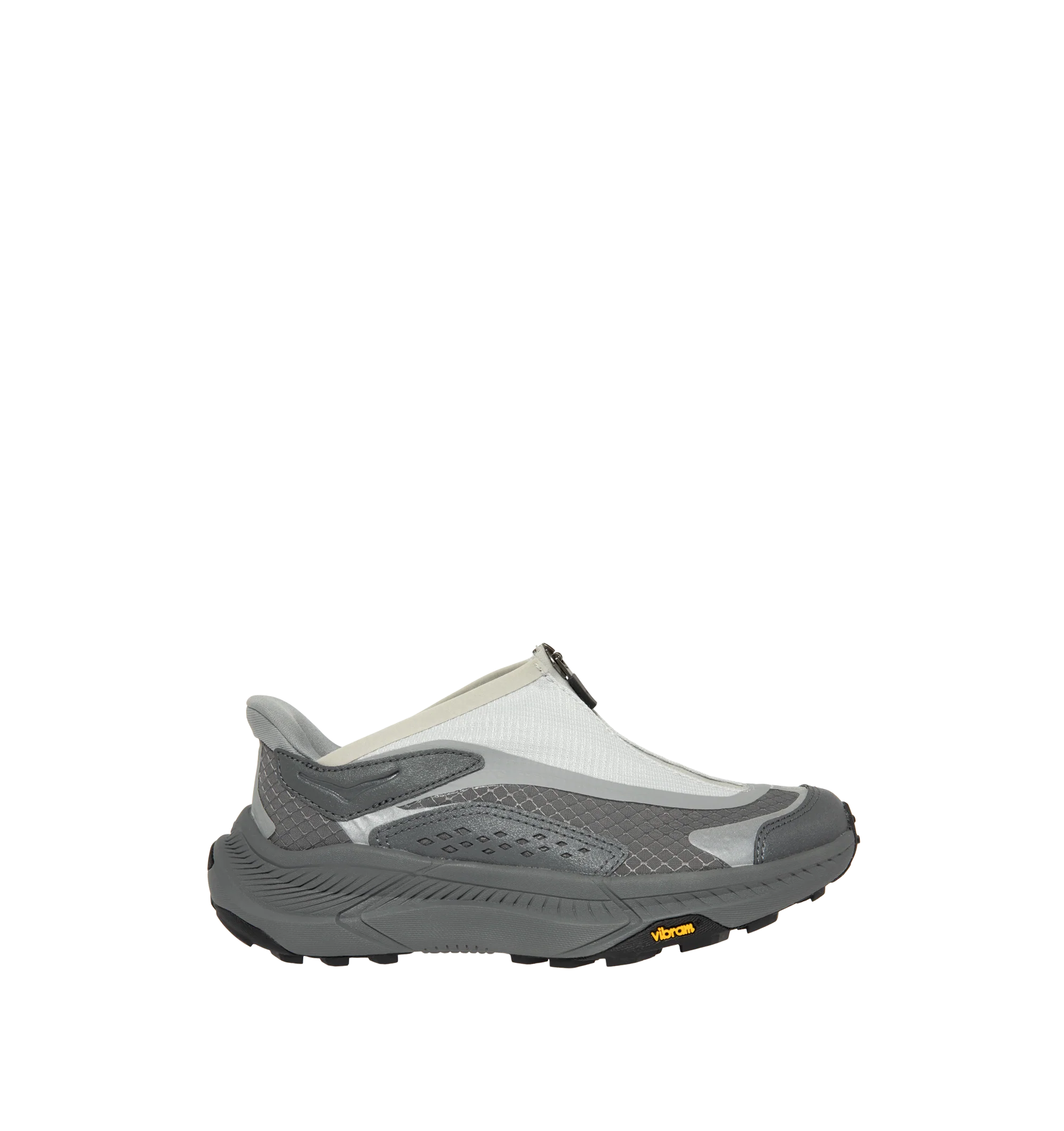 Image 1 of 5 - GREY - Hoka Project Transport Sneakers feature a shrouded ripstop upper with textured synthetic overlays for lightweight durability and a sleek, modern look. Designed for everyday wear, these performance sneakers include a quick-lace system with a zippered shroud, reflective details, signature HOKA cushioning, and a Vibram Ecostep outsole for reliable traction and lasting comfort. Main Material: Ripstop Textile and Synthetic. Sole: Vibram Rubber. Made in Vietnam.