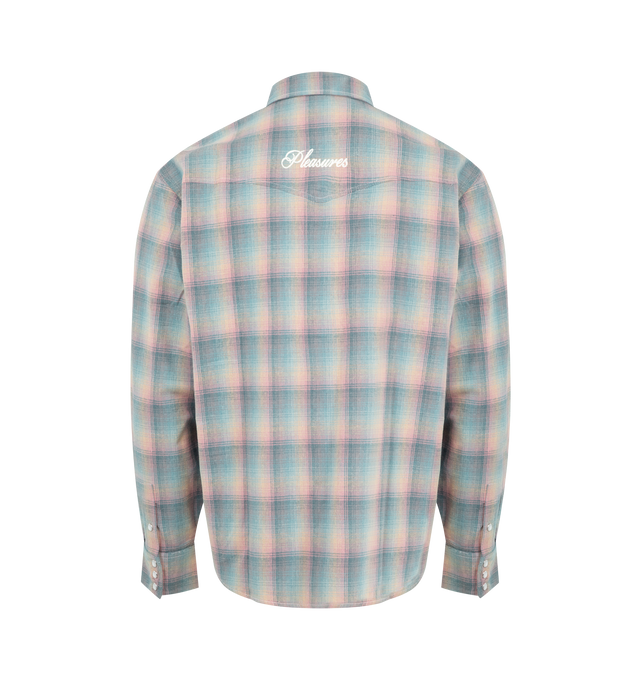 Image 2 of 2 - MULTI - PLEASURES Sender Western Button Up featuring a western-inspired silhouette, lightweight woven construction, relaxed fit with western-style yoke detailing, full-button front closure, point collar, front chest pockets and curved hem. 100% cotton flannel.