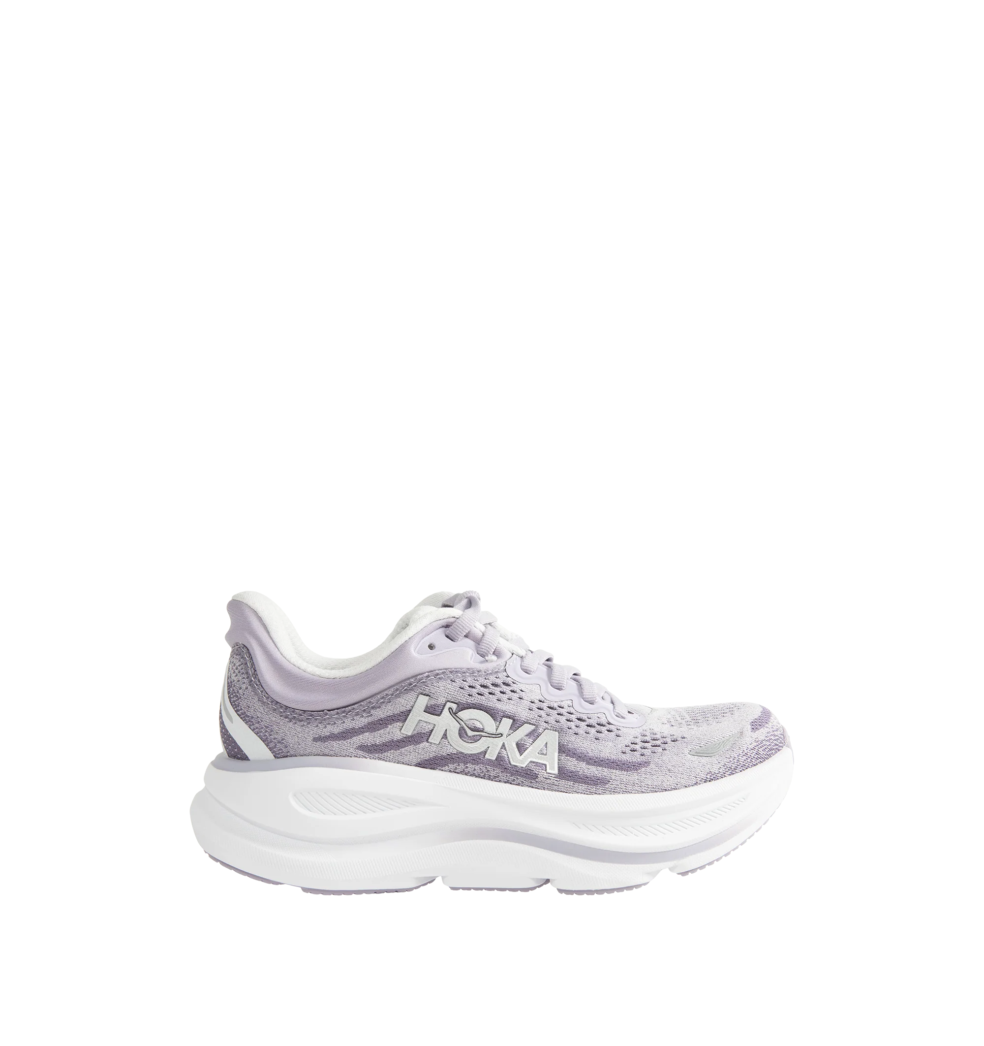 Image 1 of 5 - PURPLE - HOKA W Bondi 9 Sneaker featuring performance mesh upper, cushioned collar and tongue, removable contoured insole, supportive midsole, textile lining, lace-up closure, round toe and rubber sole.