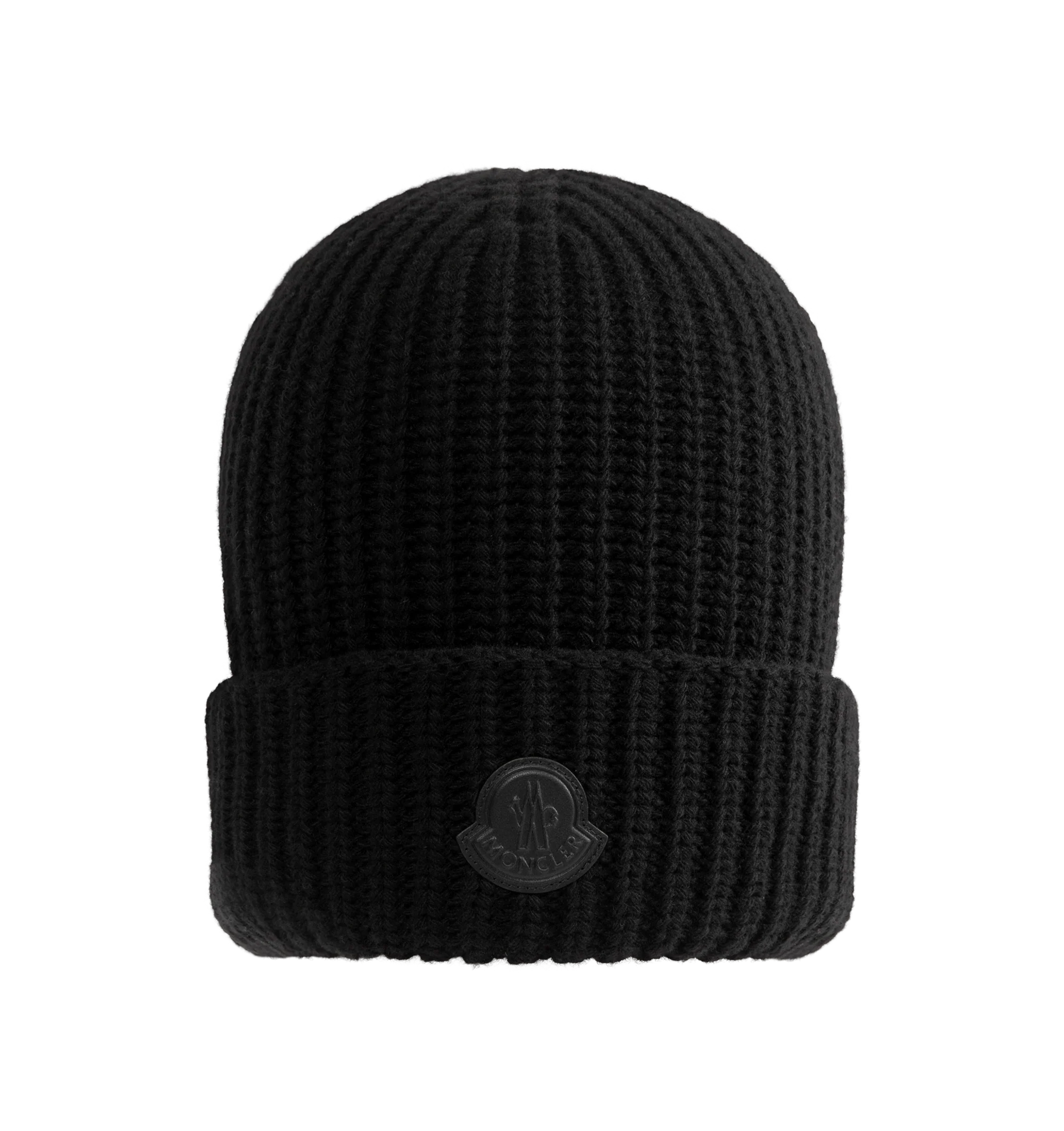 Image 1 of 2 - BLACK - Moncler Women's Leather Logo Cashmere Beanie is crafted from luxurious cashmere, offering exceptional softness, warmth, and lightweight comfort. Finished with a signature leather logo patch, this refined cold-weather accessory delivers timeless style and understated sophistication. Material: 100% Cashmere