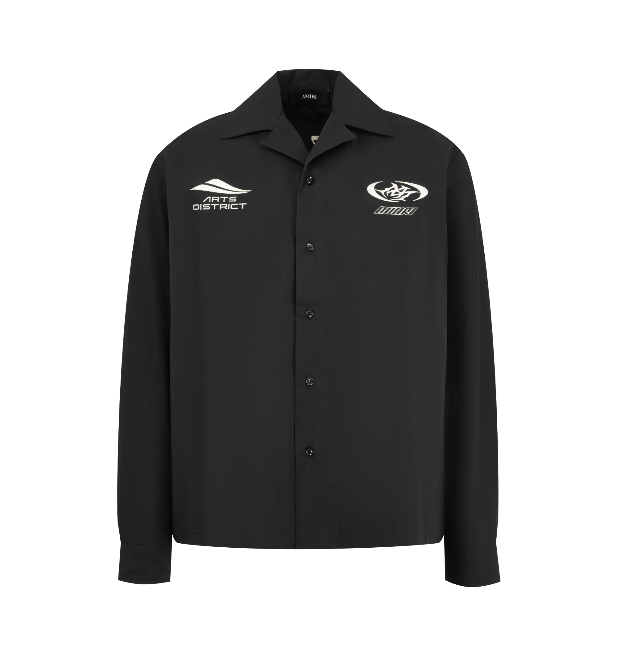 Image 1 of 2 - BLACK - AMIRI Sport Emb Cotnyl Camp Shirt featuring button front closure, graphics printed on chest and back, button cuffs and notched collar. Made in Italy.