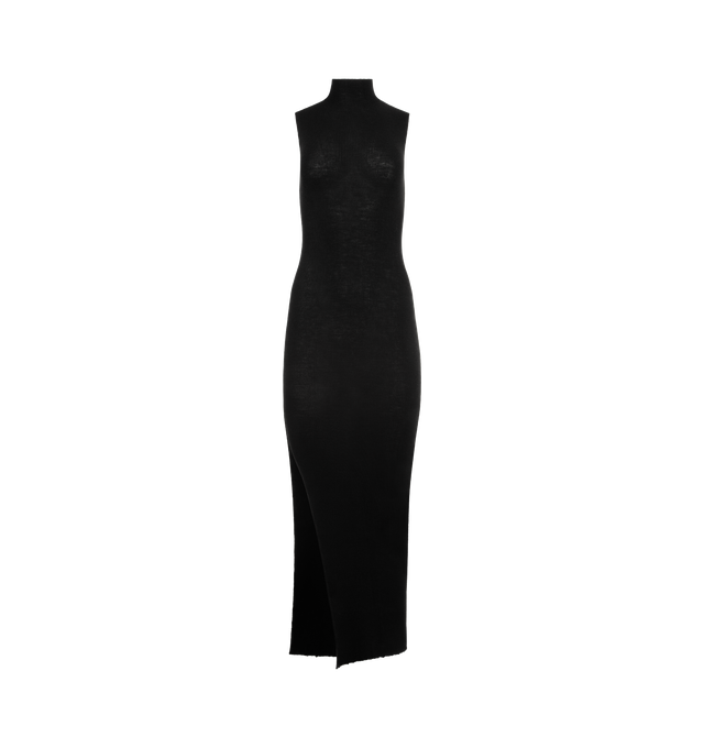 Image 1 of 3 - BLACK - RICK OWENS SL Turtle Midi Dress featuring rib-knit virgin wool midi dress, mock neck, raw edge at hem and slit at side seam. 100% virgin wool. Made in Italy.