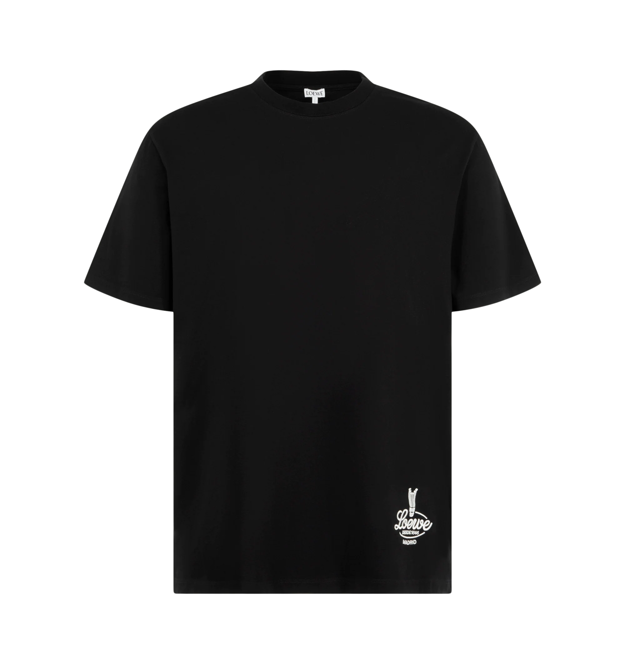 Image 1 of 2 - BLACK - Loewe Men's Relaxed Fit T-Shirt is crafted from lightweight cotton and features a relaxed-fit silhouette with a regular length. Designed with a crew neck, ribbed collar, front LOEWE embroidery, and a printed photograph at the back that adds a distinctive graphic element to the design. Main Material: 100% Cotton. Made in Portugal.