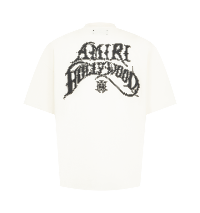Image 2 of 2 - WHITE - AMIRI Hollywood LJ Skate T-shirt featuring cotton jersey, logo graphic and text printed at chest and back, rib-knit crewneck and dopped shoulders. 100% cotton. Made in Italy. 
