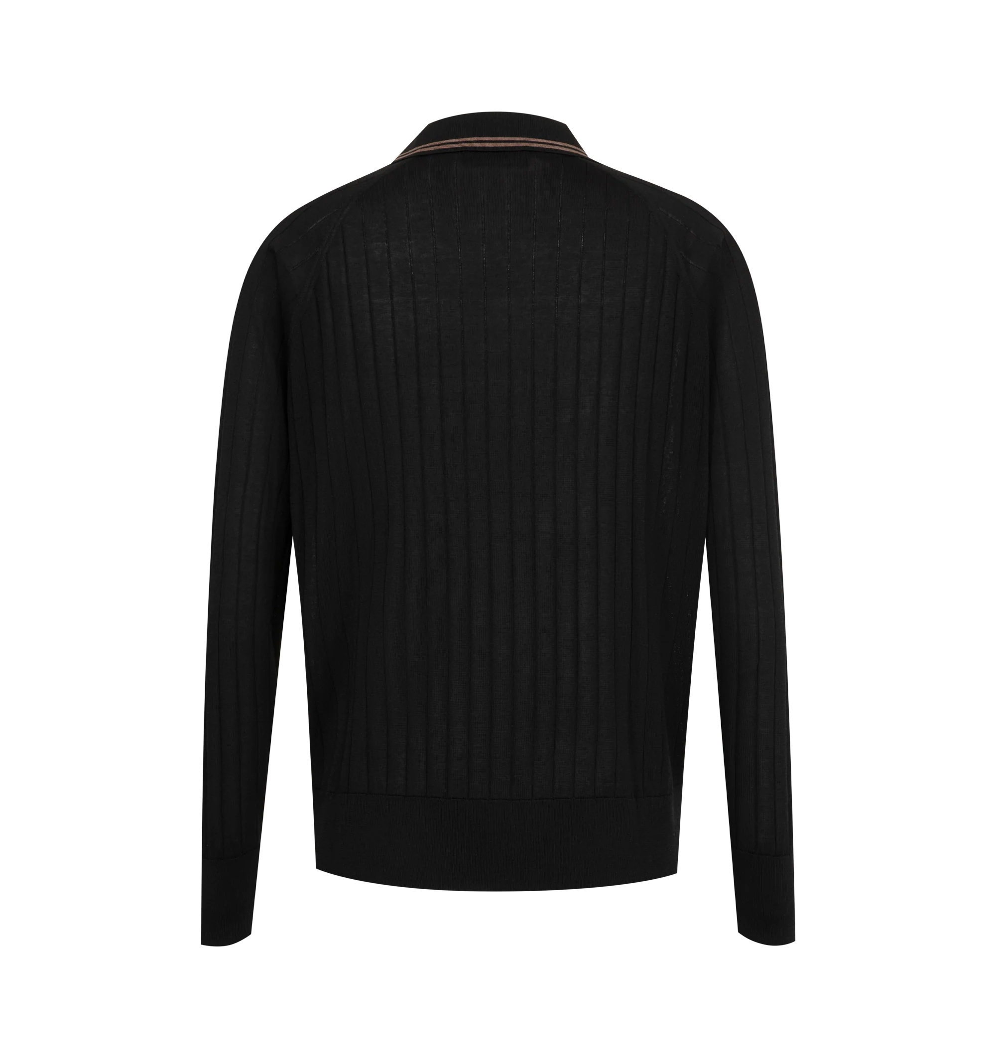 Image 2 of 2 - BLACK - Wales Bonner Men's Roots Polo Shirt is crafted from a viscose silk knit and features a refined polo silhouette inspired by vintage club and sportswear styles. Designed with a classic collar and long sleeves, this lightweight knit is finished with subtle logo embroidery at the chest and a relaxed fit that balances comfort with sophistication. 100% Viscose.
