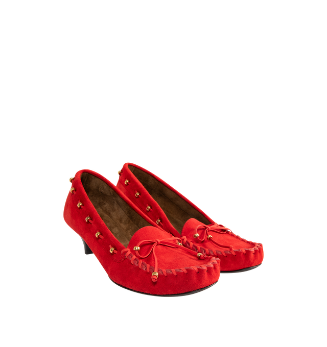Image 2 of 4 - RED - KHAITE Milly Pump featuring velvety suede, tubular construction, tonal whipstitching and grommeted lacing threaded by hand with gold beads. Lined in suede. 100% calfskin.