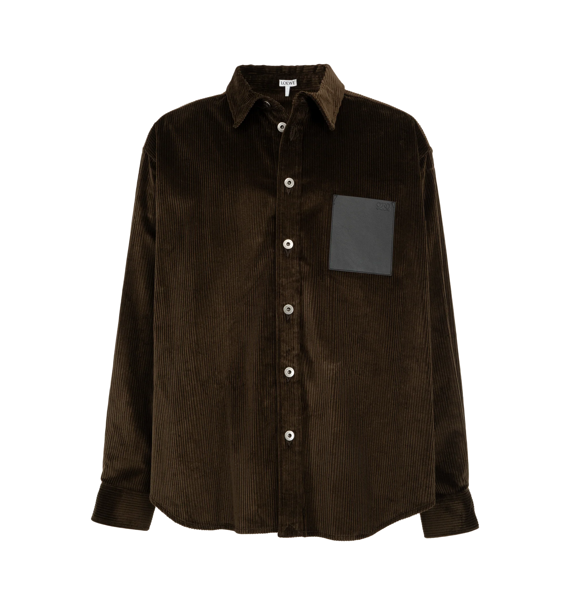 Image 1 of 2 - BROWN - Loewe Men's Cotton Corduroy Shirt is crafted in a medium-weight cotton corduroy featuring a contrasting leather chest patch pocket. Features: Relaxed fit, regular length, Classic collar, Button front fastening, Buttoned cuffs, Debossed Double L placed on the chest pocket.