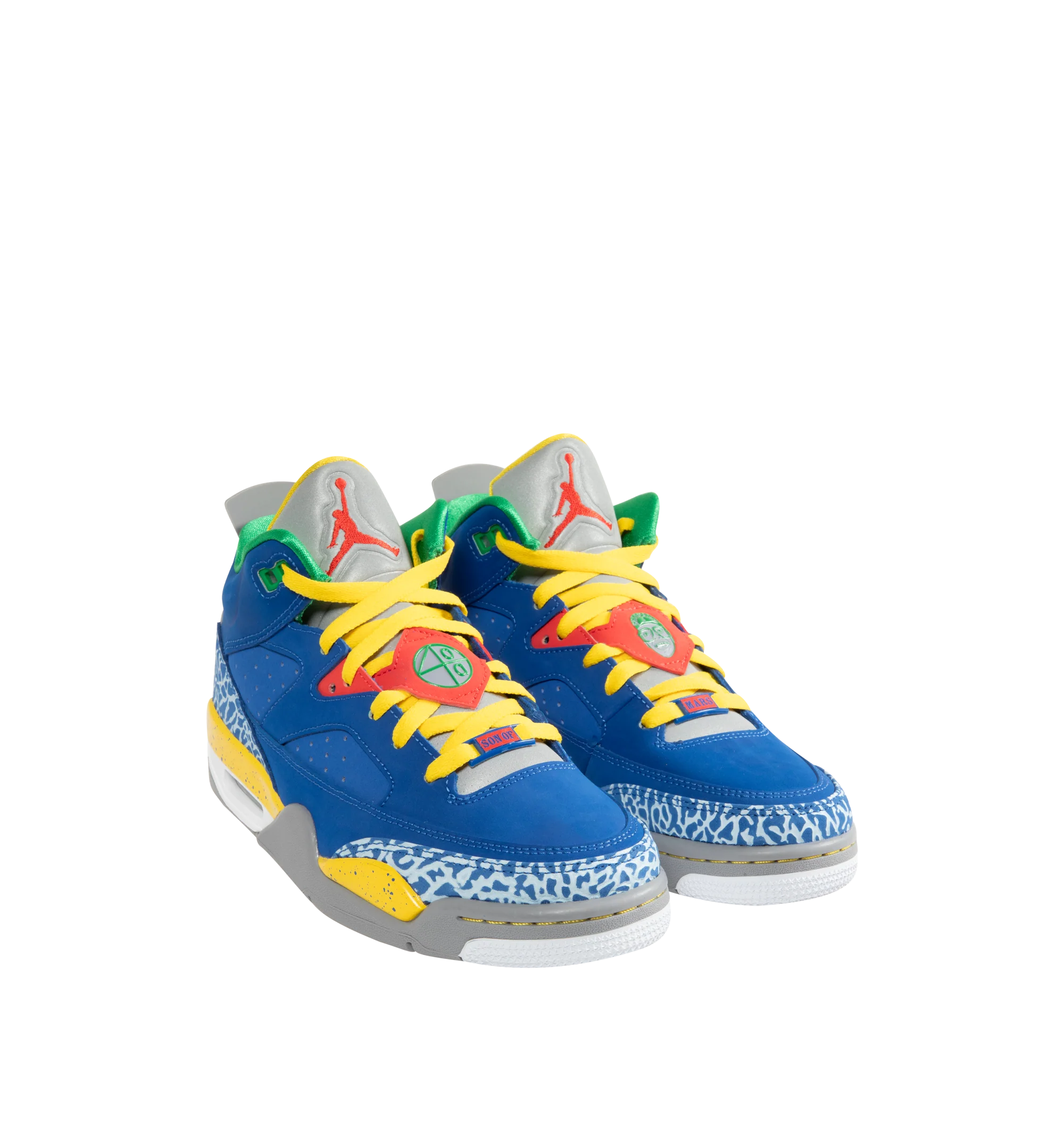 Image 2 of 5 - BLUE - Men's Jordan Son of Mars Low Sneakers feature real and synthetic leather overlays with perforated side panels for a durable, breathable design inspired by iconic Jordan heritage. These lifestyle sneakers combine a visible Air-Sole unit, a full-length foam midsole, and a durable rubber outsole for responsive cushioning, lasting stability, and everyday traction. Main Material: Real and Synthetic Leather. Midsole: Full-Length Foam with Visible Air-Sole Unit. Sole: Rubber.