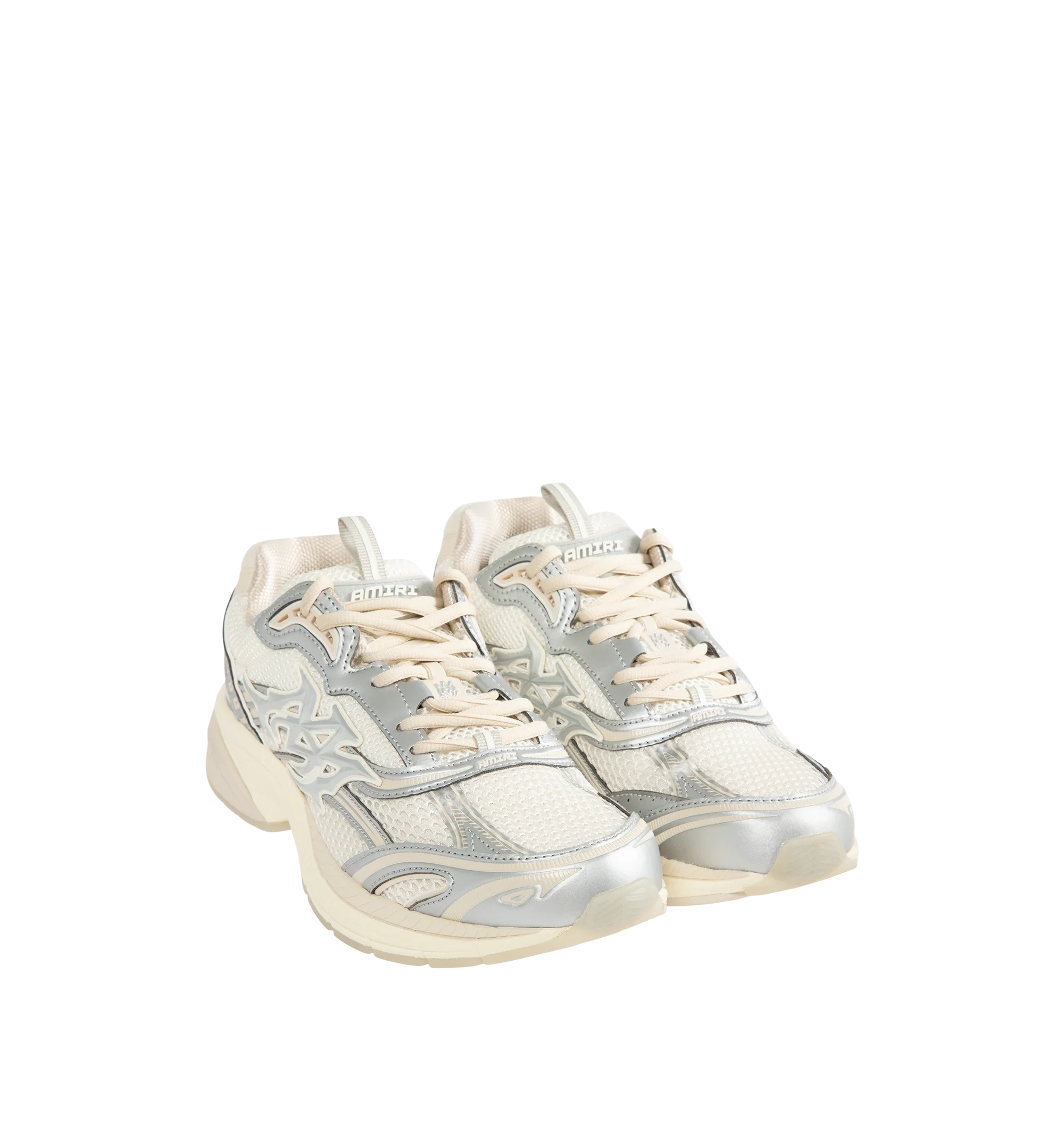 Image 2 of 5 - WHITE - Amiri Men's Metallic M-Tech Sneakers feature a mixed silver mesh-and-leather upper with metallic detailing and the signature MA icon. Inspired by technical running shoes, the design is set on a sculpted rubber sole. Main Material: 100% Polyurethane. Upper: Mesh and Leather. Sole: Rubber. Made in Vietnam. 