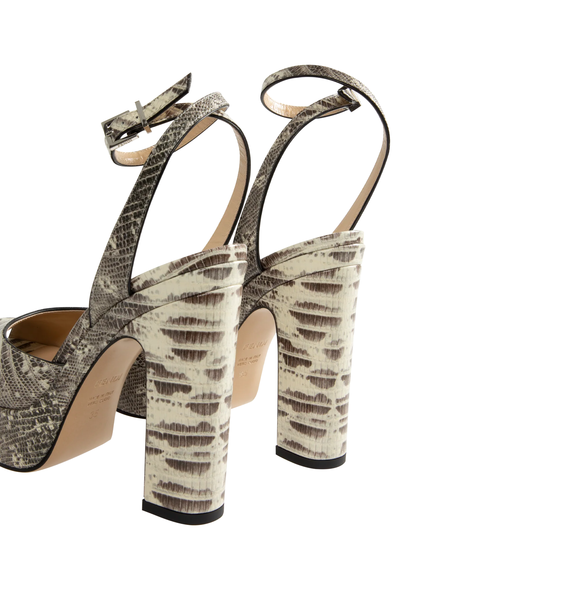 Image 3 of 4 - MULTI - Fendi Women's After 9 Platform Sandals are crafted from calfskin with a parchment and black tegu print and feature an open-toe silhouette, a platform sole, an adjustable ankle strap, and a wide leather-covered heel with a tone-on-tone tegu print. These designer platform sandals combine bold texture with elevated craftsmanship for statement evening styling. Main Material: 100% Calfskin. Lining: 100% Goatskin. Heel Height: 125 mm. Made in Italy.