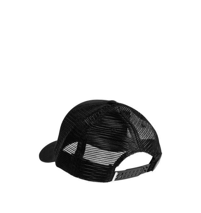 Image 2 of 3 - BLACK - AMIRI Hollywood Embroidered Trucker Hat featuring sun-faded cotton trucker hat, gothic embroidery and adjustable snapback strap. 100% cotton. Made in the USA.