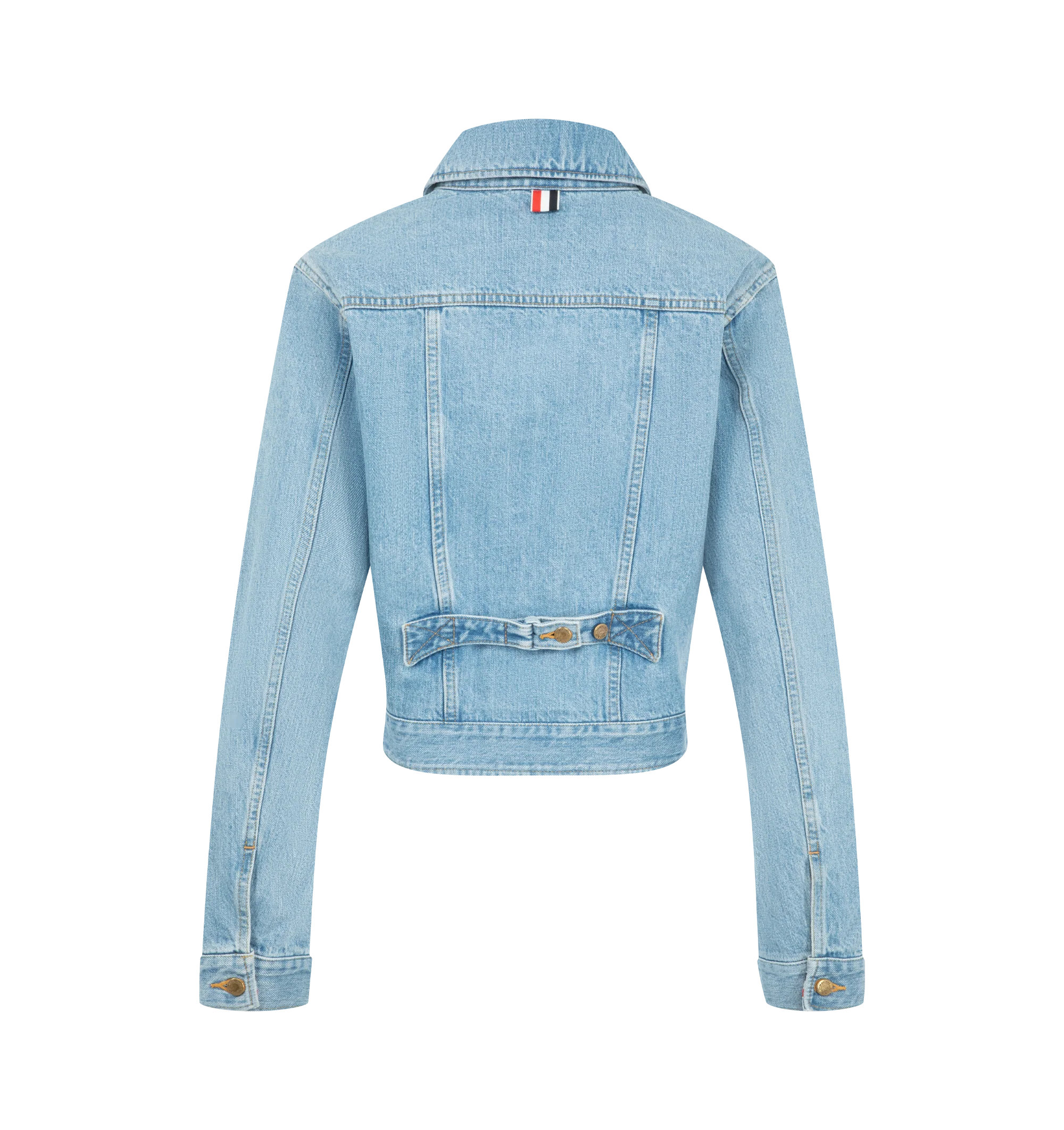 Image 2 of 3 - BLUE - Thom Browne Womens Shrunken Denim Jacket is crafted from 13.75 oz Japanese selvedge denim. Features a shrunken fit, button-front closure, buttoned flap chest pockets, striped oxford-lined back yoke, button-fastening backstrap, buttoned cuffs with internal RWB grosgrain trim, and signature striped grosgrain loop tab. Main Material: 100% Cotton. Made in Japan. 
