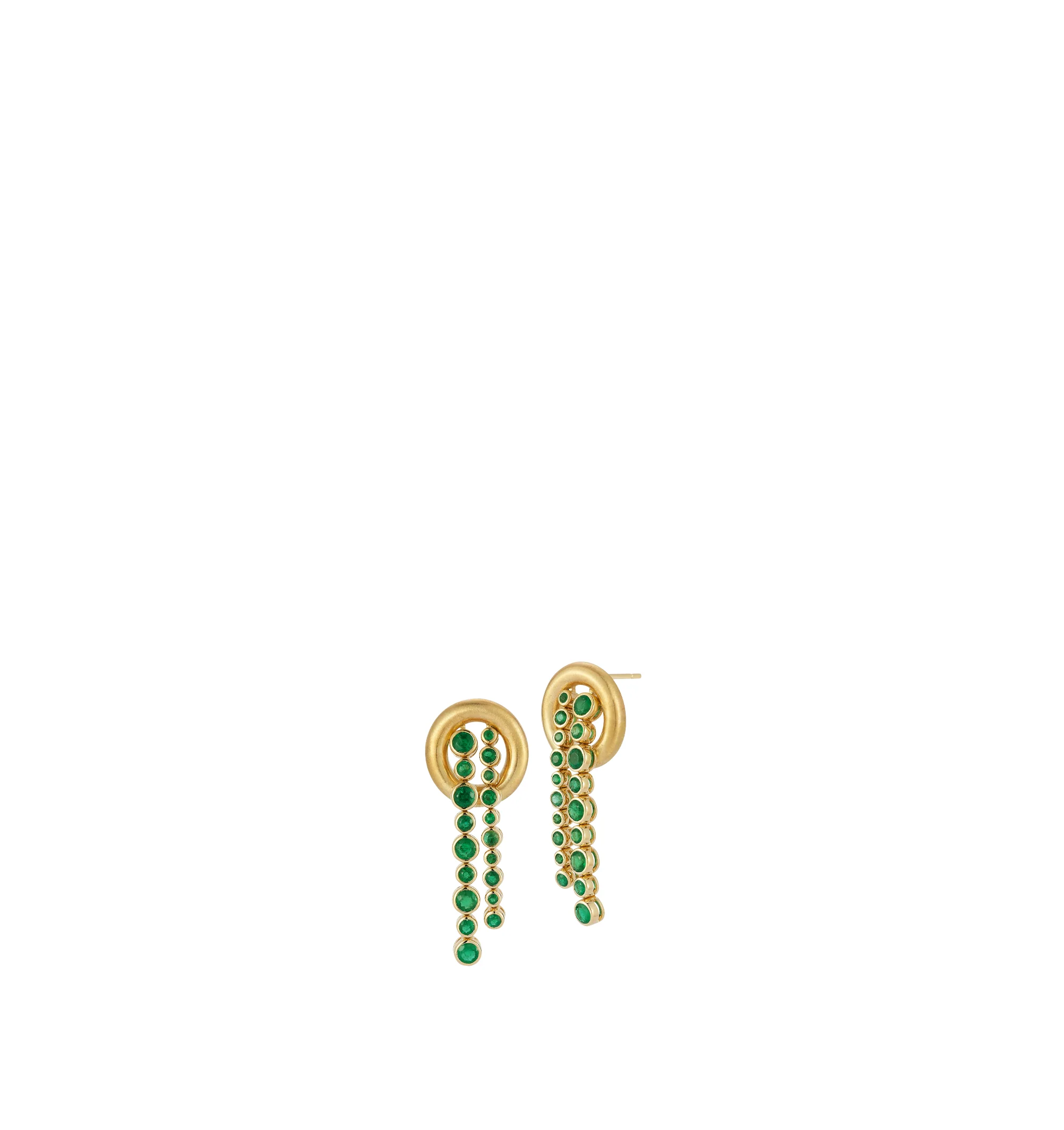 Image 2 of 2 - GOLD - Renna Women's Storm Earrings Large are crafted in 18K gold and feature cascading strands of vibrant emeralds suspended from a sculptural silhouette inspired by the stillness at the center of a storm. These designer fine jewelry earrings combine exceptional craftsmanship with graceful movement, creating an elegant statement for special occasions. Main Material: 18K Gold. Gemstones: Approximately 1.55 TCW Emeralds. Drop Length: 34mm. Push Back Closure.For personal consultation and detail 
