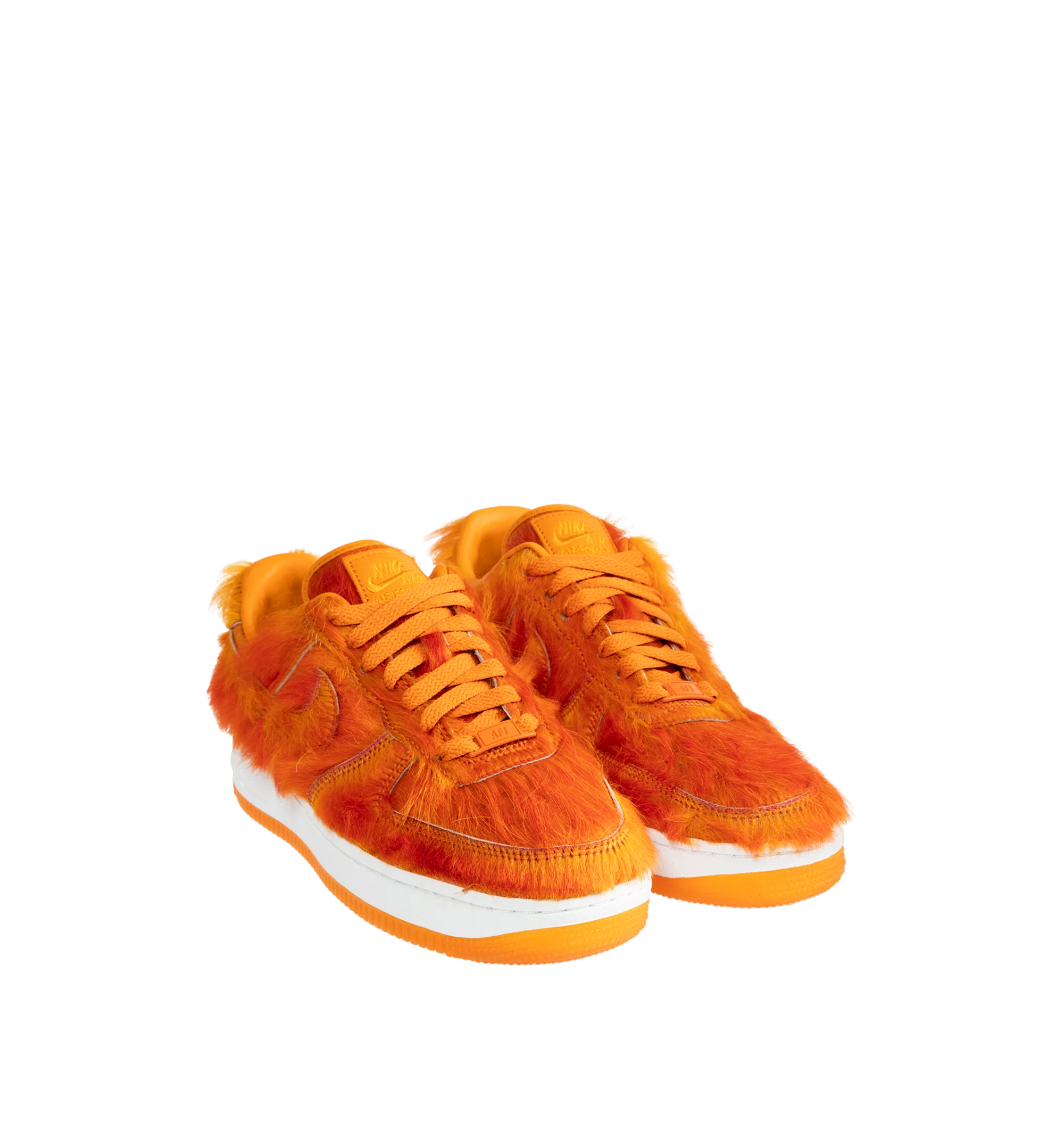 Image 2 of 5 - ORANGE - Nike Air Force 1 "Multi-Color and Sunset" Sneakers update the classic basketball-inspired silhouette with a shaggy, hair-like upper in vivid sunset orange. Tonal Swoosh branding, a lace-up closure, and a padded collar complete the low-top design, while a white Air-cushioned midsole and orange rubber outsole provide comfort and traction. Sole: Rubber. 
