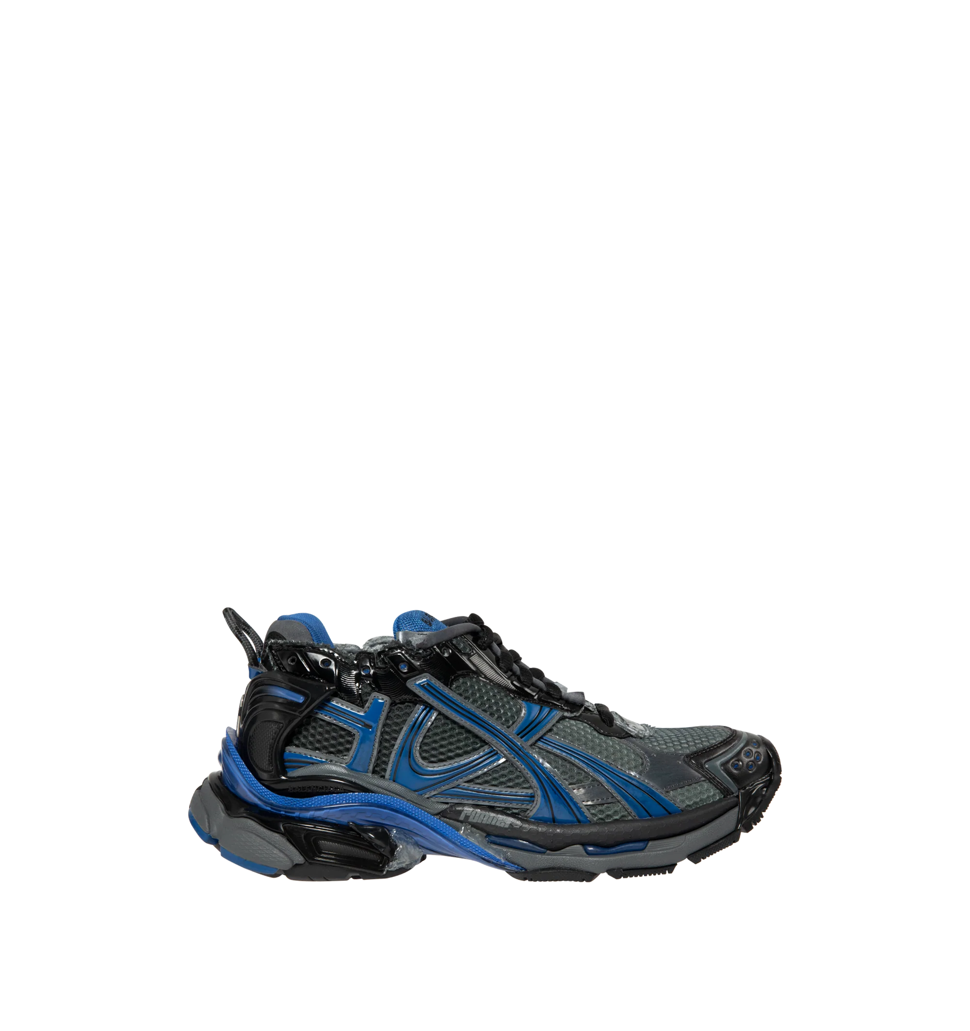 Image 1 of 5 - BLUE - Balenciaga Men's Runner Sneakers are crafted from a leather-free blend of polyurethane and polyester. Feature a worn-in finish, printed size at the toe, debossed size at the heel, printed Runner logo, embroidered logo at the tongue, logo at the back heel, pull tab, and a rubber, TPU, EVA, and polyurethane sole. Main Material: Upper: Polyurethane, Polyester; Sole: Rubber, TPU, EVA, Polyurethane; Insole: Foam. Made in China.