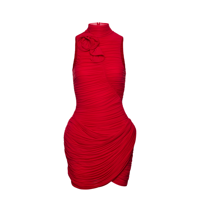 Image 1 of 3 - RED - MAGDA BUTRYM Ruched Jersey Mini Dress featuring exaggerated hip silhouette, ruching throughout, fully lined, hidden back zip closure and lightweight jersey fabric. 92% cupro, 8% elastane. Made in Poland.