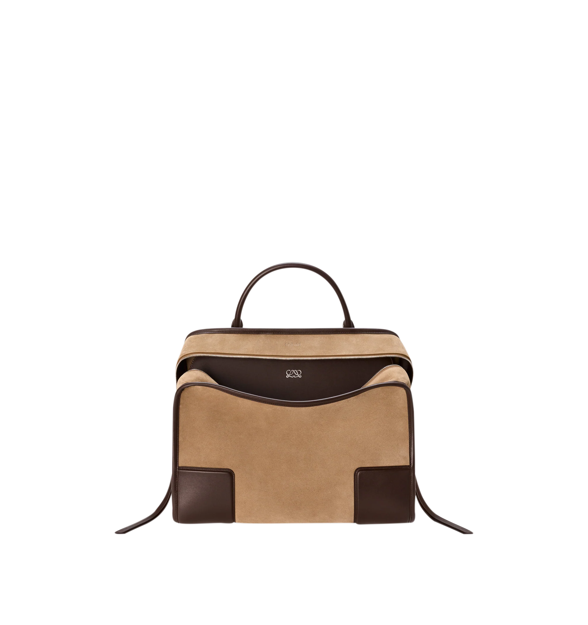 Image 1 of 16 - BROWN - Loewe Mens Amazona 180 XL Bag is crafted from suede with soft calfskin details. Features a relaxed silhouette, single toron top handle, removable shoulder handle, adjustable crossbody strap, zip closure with two leather pullers, two compartments with concealed magnetic closure, interior flat pocket, side D-ring, suede and nappa lambskin lining, palladium-tone hardware, and embossed LOEWE and Double L branding. Dimensions: 40 31 16 cm; Strap Length: 105133 cm; Strap Drop: 4761 cm; H
