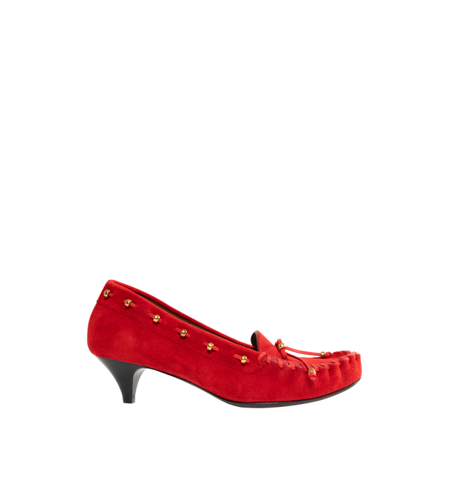 Image 1 of 4 - RED - KHAITE Milly Pump featuring velvety suede, tubular construction, tonal whipstitching and grommeted lacing threaded by hand with gold beads. Lined in suede. 100% calfskin.