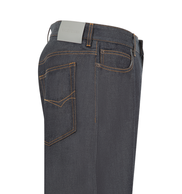 Image 3 of 3 - BLUE - BALENCIAGA Curved Jeans featuring cotton denim, mid-waist, covered button fly, 5 belt loops, classic five-pocket design, Balenciaga-engraved flex buttons and Balenciaga logo leather jacron patch at the back. 100% cotton. Made in Italy.