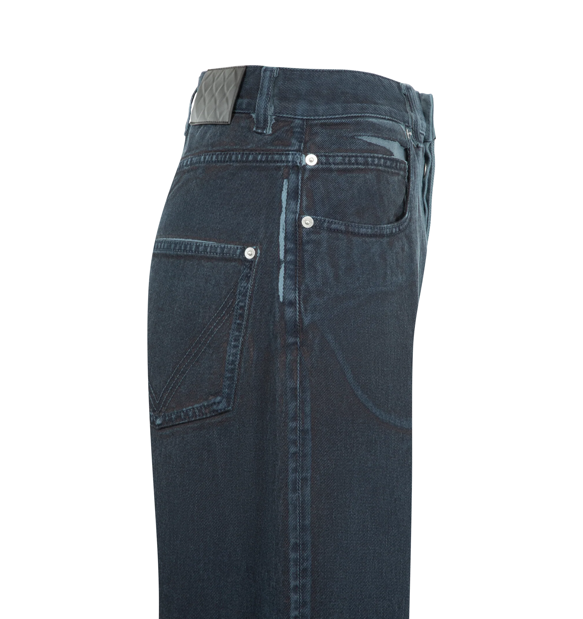 Image 3 of 3 - BLUE - Bottega Veneta Mens Wide-Leg Jeans are crafted from overdyed washed denim. Feature a high-rise waist, wide-leg silhouette, button closure, and embossed Intrecciato leather patch at the back waist. Main Material: Denim; Trim: Leather. Made in Italy.