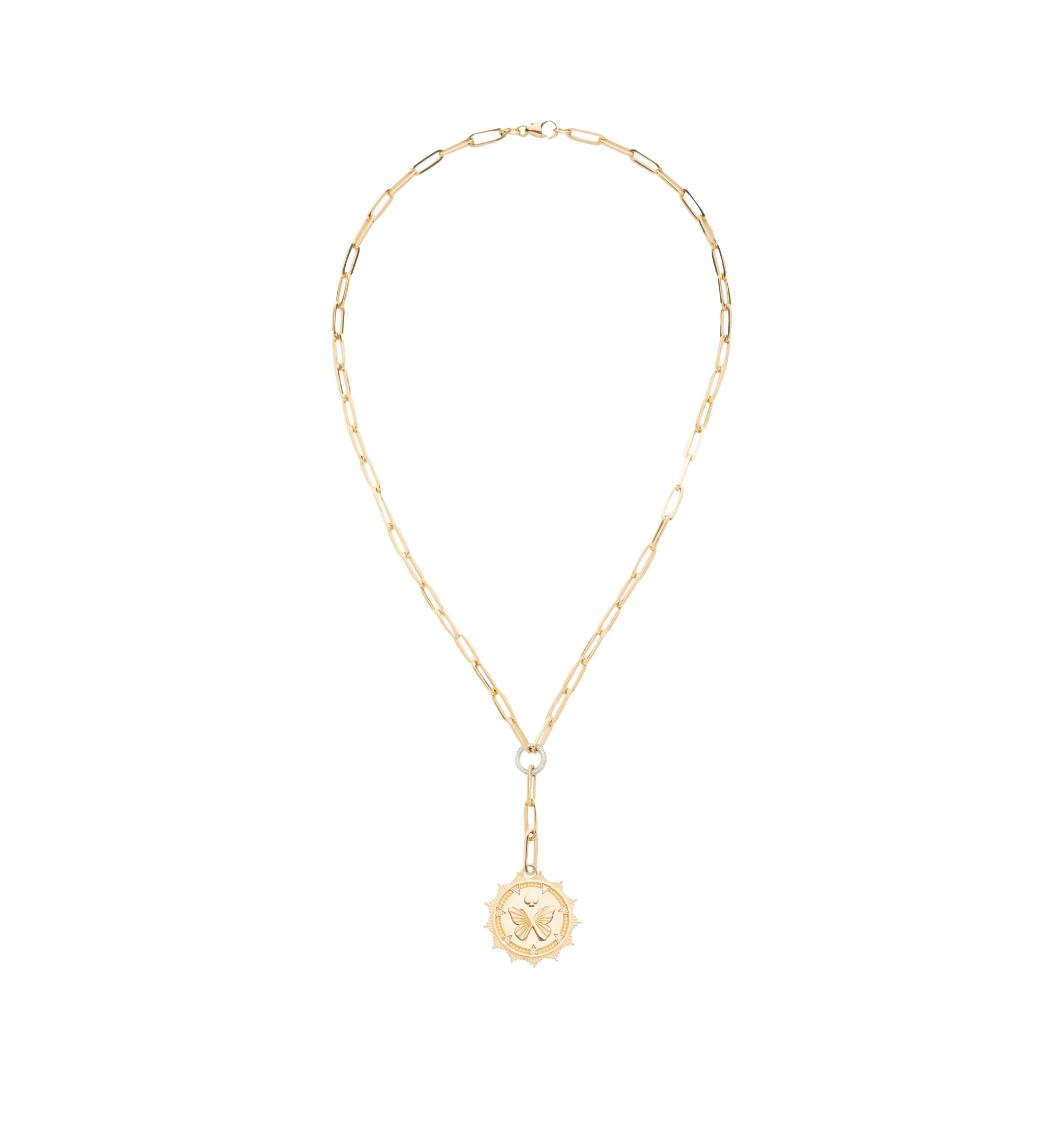 Image 1 of 1 - GOLD - FoundRae Reverie Classic Fob Clip Extension Necklace is crafted in yellow gold and features the brand's signature Classic Fob Clip accented with pav-set diamonds for a refined touch of brilliance. Designed as a versatile extension necklace, the functional fob clip allows charms, medallions, and other meaningful pieces to be added or layered, reflecting FoundRae's symbolic approach to fine jewelry and personal storytelling. Main Material: Yellow Gold. Gemstones: Pav Diamonds. Style: Cla