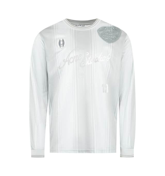 Image 1 of 2 - GREY - ACNE STUDIOS Logo Sports Jersey Top featuring long-sleeves crewneck, lightweight fabric, sports jerseyinspired seasonal artwork in silver, large logo label on the back and regular fit. 100% polyester.