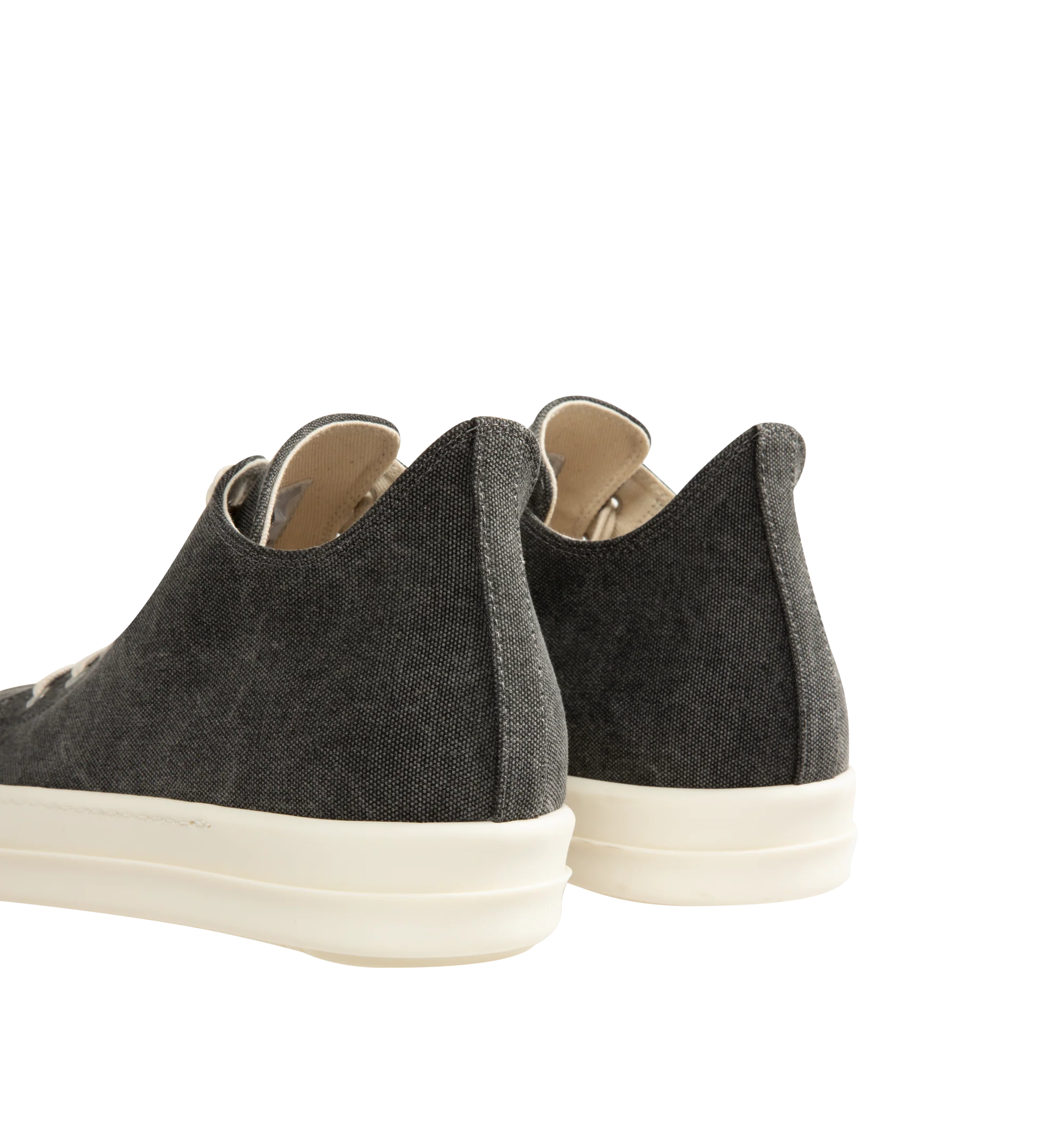 Image 3 of 5 - GREY - Rick Owens Men's DRKSHDW Low Top Sneaks Sneakers featuring canvas trainers with a rounded toe, tonal laces, contrast chunky sole, and contrast toe cap. Main Materials: Canvas textile. Rubber sole. Made in Italy. 