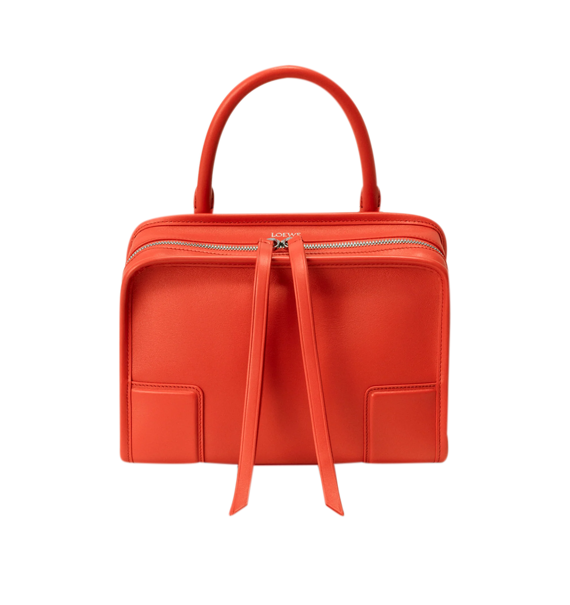 Image 6 of 17 - ORANGE - Loewe Small Amazona 180 Bag in leather features a relaxed silhouette anchored by a single toron top handle, designed to be carried open, while a concealed closure secures the main compartment, three carry options: short handle, removable shoulder strap and crossbody, zip closure with two leather zip pullers, two compartments, main compartment closed with magnetic closure, internal flat pocket, left side d-ring for customization, nappa lambskin lining, and embossed double L branding.