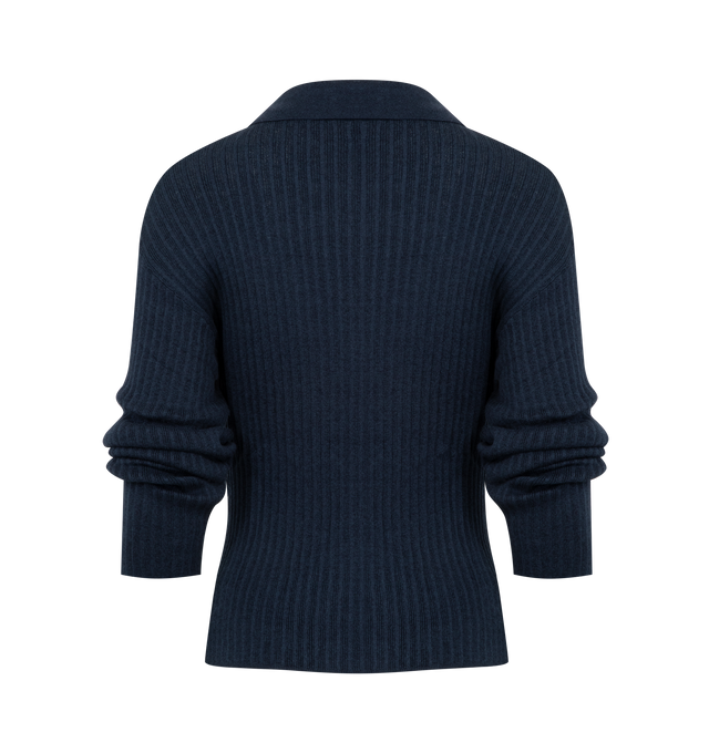 Image 2 of 2 - NAVY - DEIJI STUDIOS Polo Knit featuring a relaxed polo knit long sleeve top, soft open collar with button placket and dropped shoulders. 100% organic cotton. 