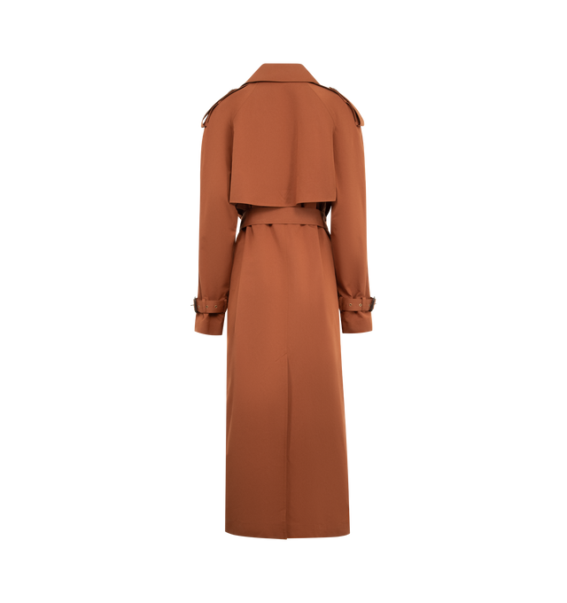 Image 2 of 3 - BROWN - SAINT LAURENT Trench Coat in water-repellent cotton and silk featuring oversized fit, double-breasted ten-button closure, adjustable and detachable belt, a three-way ulster collar and adjustable throat latch, storm flap, buttoned epaulets, strapped cuffs, two buttoned flap pockets at the front and silk lining. 89% cotton, 11% silk. Made in Italy.
