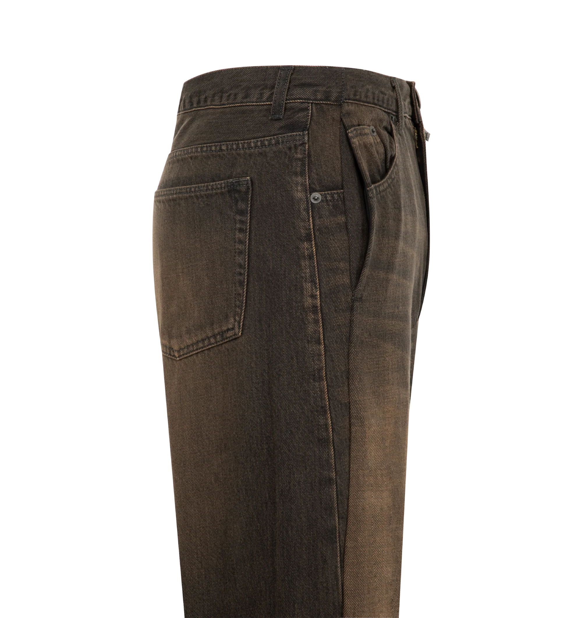 Image 3 of 4 - BROWN - Maison Mihara Yasuhiro Women's Folded 12oz Jeans are crafted from 12-ounce cotton denim and feature a cuffed hem, faded finish, elastic waistband with belt loops and an adjustable drawstring, plus side and back pockets. These designer denim jeans combine relaxed comfort with Maison Mihara Yasuhiro's signature contemporary aesthetic, creating a versatile silhouette for everyday wear. Main Material: 100% Cotton. Made in Japan.