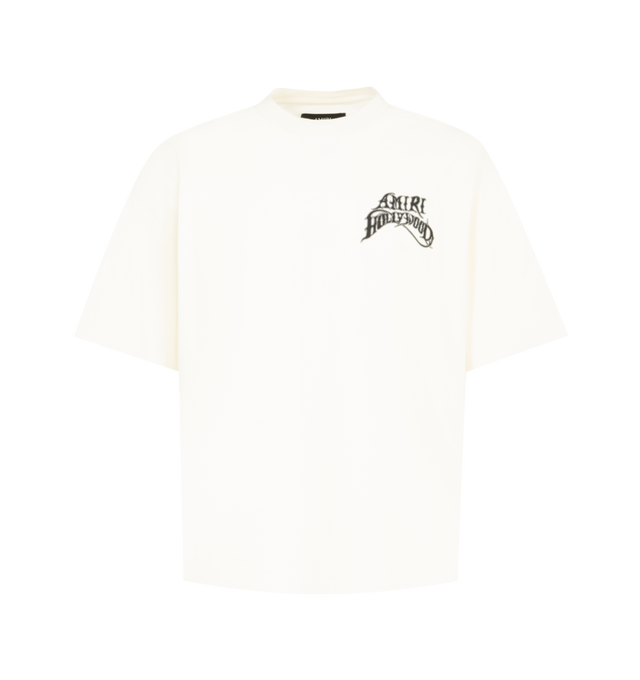 Image 1 of 2 - WHITE - AMIRI Hollywood LJ Skate T-shirt featuring cotton jersey, logo graphic and text printed at chest and back, rib-knit crewneck and dopped shoulders. 100% cotton. Made in Italy.