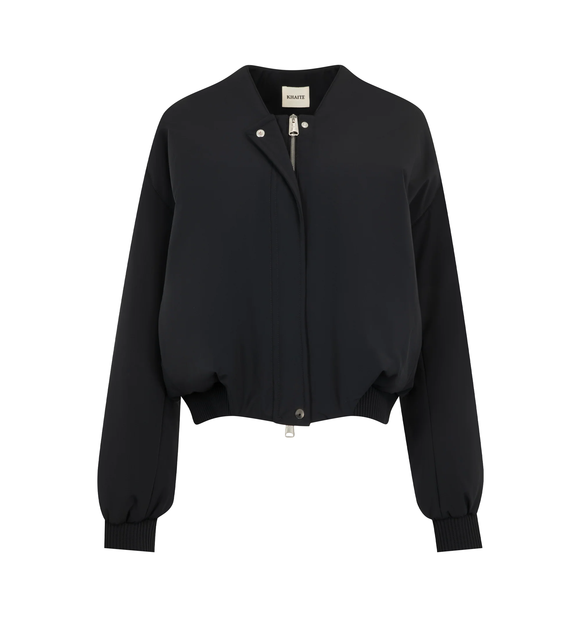 Image 4 of 4 - BLACK - Khaite Womens Cropped Bomber Jacket is crafted from double-face technical nylon. Features a cropped silhouette, front zip closure, rounded shape, signature armhole seaming, topstitched detailing, elasticized cuffs and hem, and in-seam side pockets. Main Material: 57% Nylon, 27% Polyurethane, 16% Elastane. Made in Italy. 
