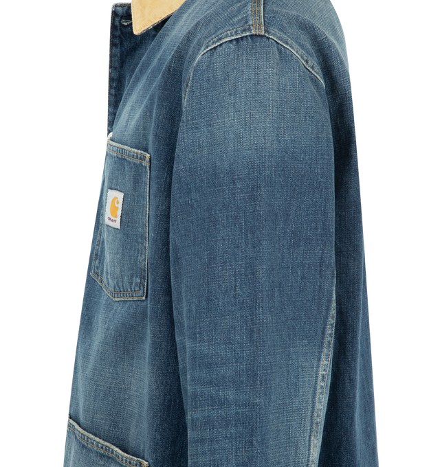 Image 3 of 3 - BLUE - CARHARTT WIP Warren Chore Coat featuring a utilitarian silhouette, unlined, heavyweight cotton denim, triple-stitched details, corduroy collar, four front pockets, one of which has a flap and button closure and woven Square Label on the chest. 100% cotton.