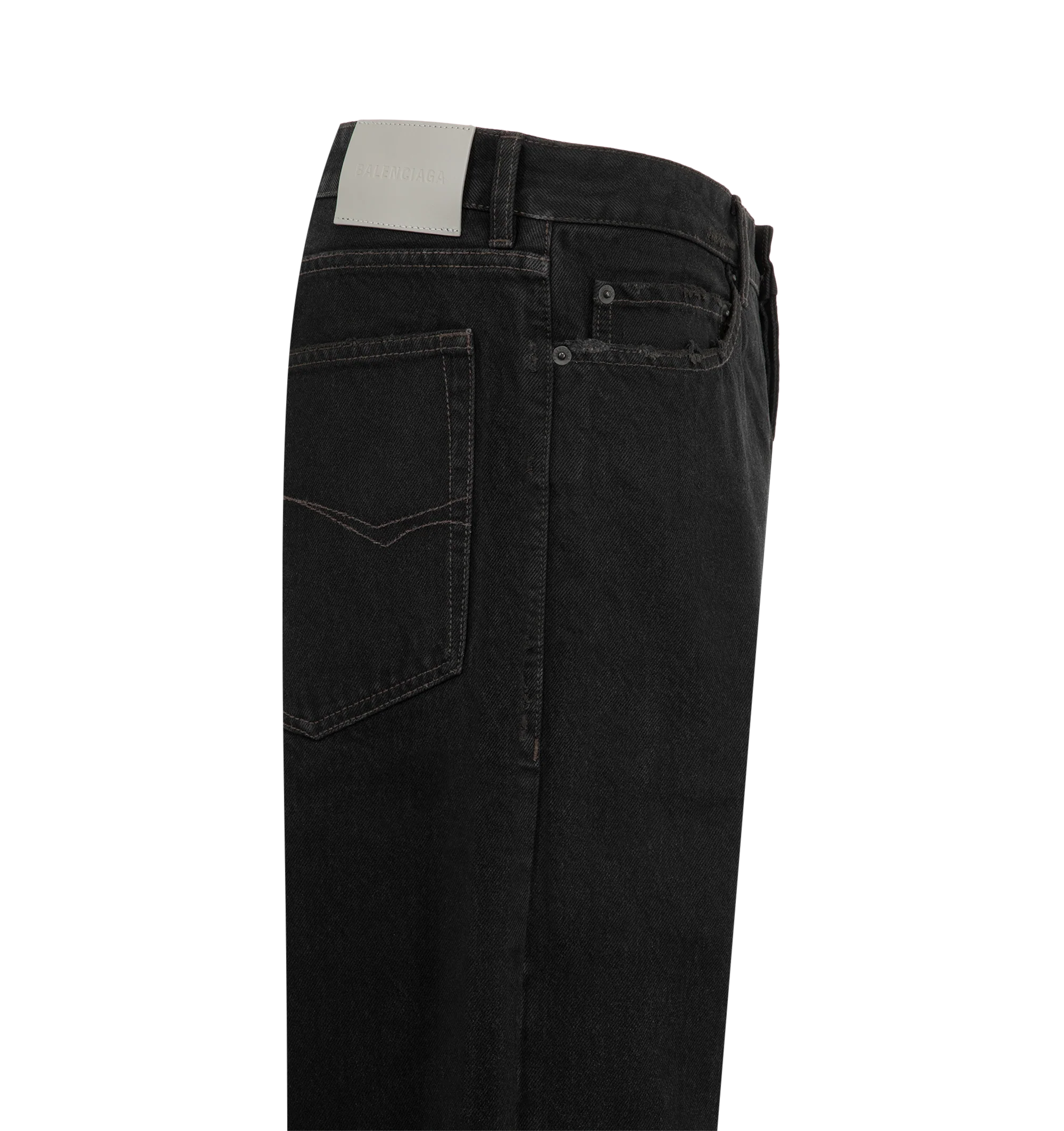 Image 3 of 3 - BLACK - Balenciaga Men's Regular-Fit Jeans are crafted from organic Japanese cotton denim and feature a mid-rise silhouette with a covered zip fly and button closure. Five belt loops, two slash pockets, two back pockets, and a grey leather Balenciaga patch at the back complete the design. Main Material: 100% Cotton. Pocket Lining: 100% Cotton. Leather Detail: Cowskin. Made in Japan.