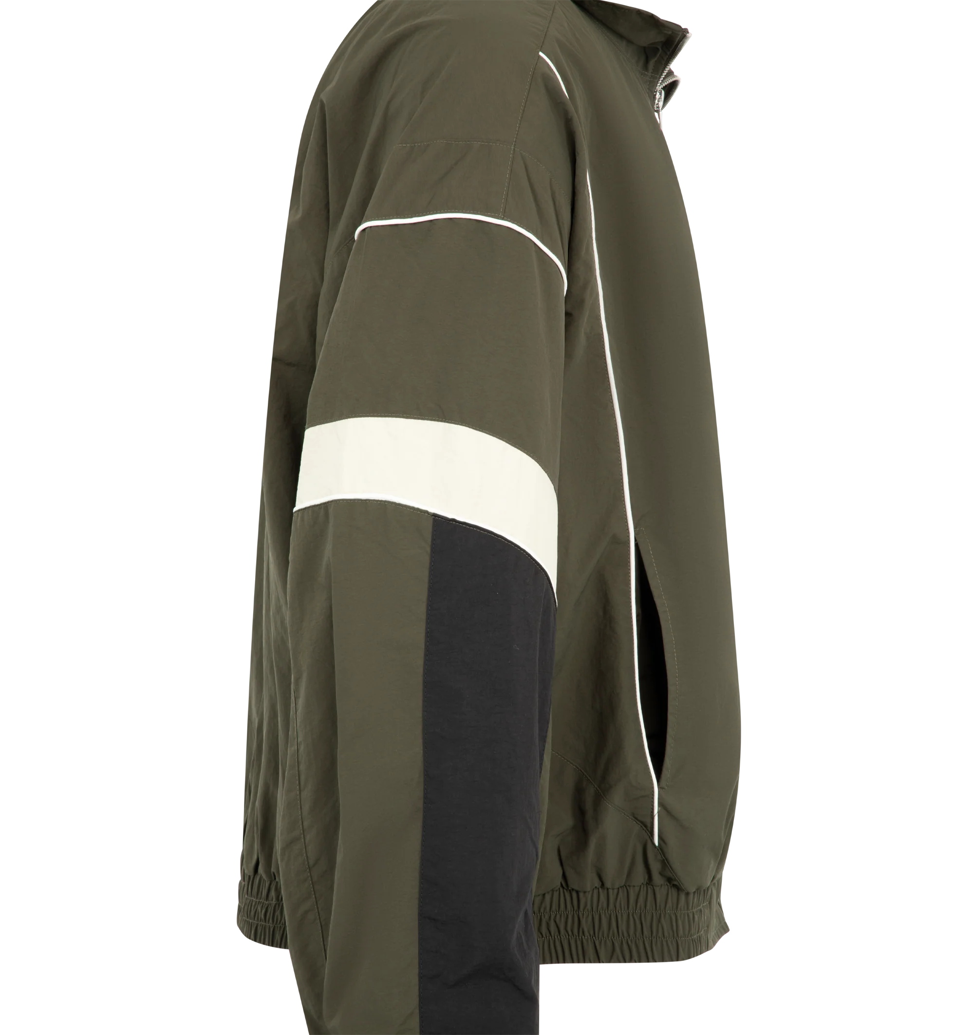 Image 3 of 3 - GREEN - Nahmias Men's Warm Up Jacket is crafted from premium performance fabric and features a relaxed silhouette with a full-zip front, stand collar, elasticated cuffs, and side pockets for everyday functionality. This designer warm-up jacket combines athletic-inspired styling with Nahmias' signature luxury streetwear aesthetic, creating a versatile layering piece for both casual and active wear. Main Material: Premium Nylon Performance Fabric.