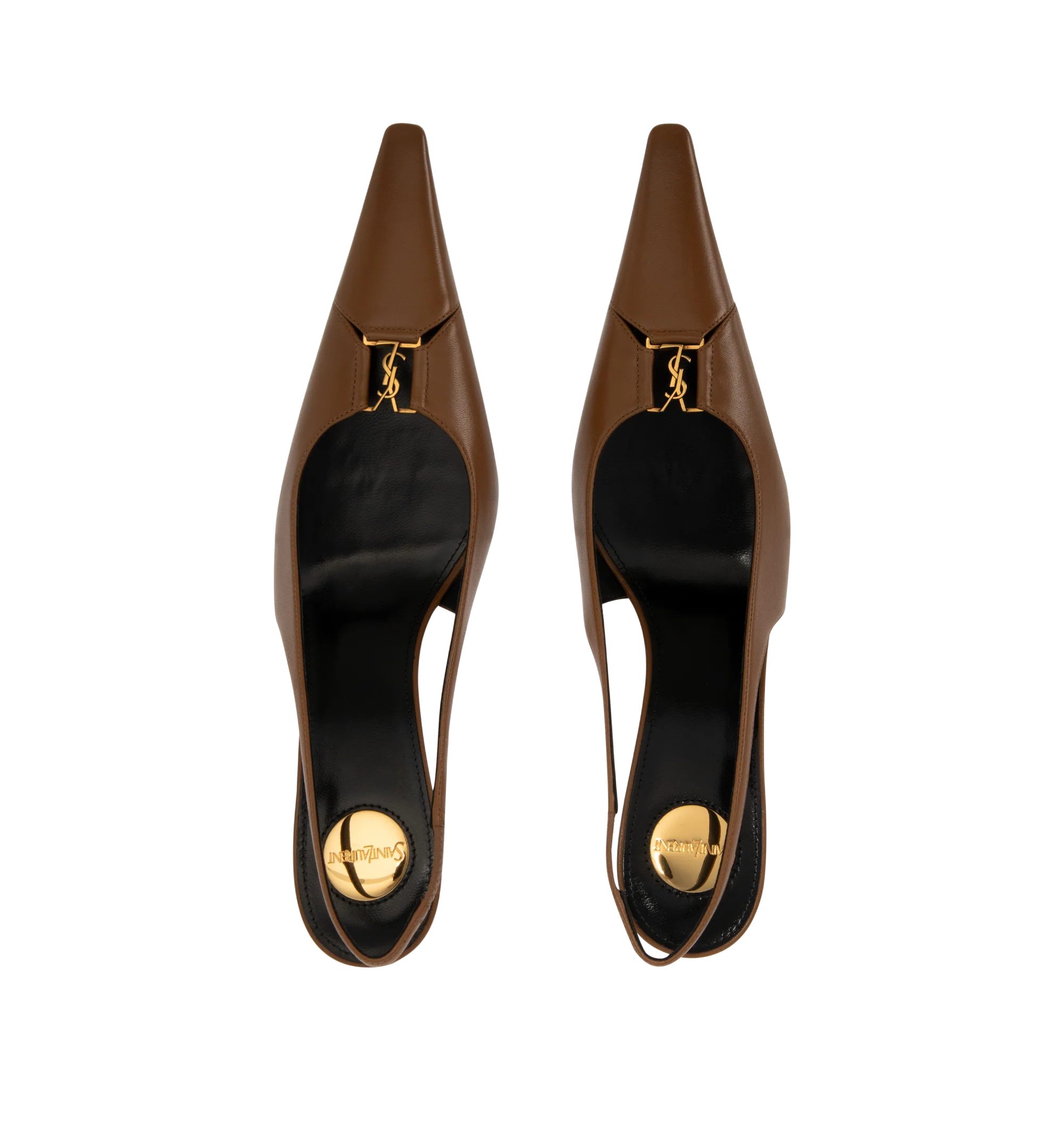 Image 4 of 4 - BROWN - Saint Laurent Womens Slingback Pumps are crafted from lambskin leather. Feature a cut-out elongated toe with signature Cassandre hardware, elasticized slingback strap, low stiletto heel, leather sole, and engraved Saint Laurent insole plaque. Main Material: Lambskin Leather; Hardware: Brass; Sole: Leather. Heel Height: 7.5 CM / 3 Inches Made in Italy.