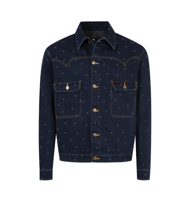 Image 1 of 3 - BLUE - NEEDLES Jean Jacket featuring 13oz denim jacquard, rigid denim fabric, classic collar, button closure on front, symmetrical patch flap pockets on front and sleeve cuffs with button closure. 100% cotton.