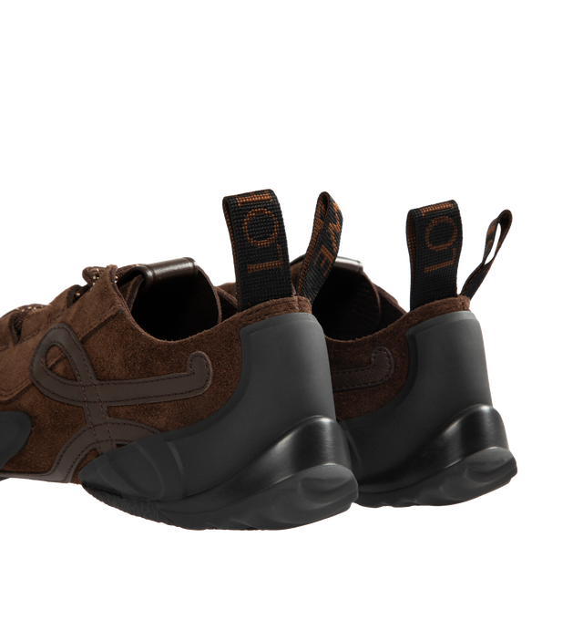 Image 3 of 5 - BROWN - LOEWE Grip sneaker in calfskin suede with contrast moulded TPU parts featuring a distinctive climbing shoe-inspired silhouette, asymmetric toe shape and lacing system, 5mm heel, L monogram on the side, embossed Anagram on the tongue, LOEWE jacquard webbing at the back, padded insock and LOEWE-injected TPU outsole. Calf suede/tpu. Made in Italy. 