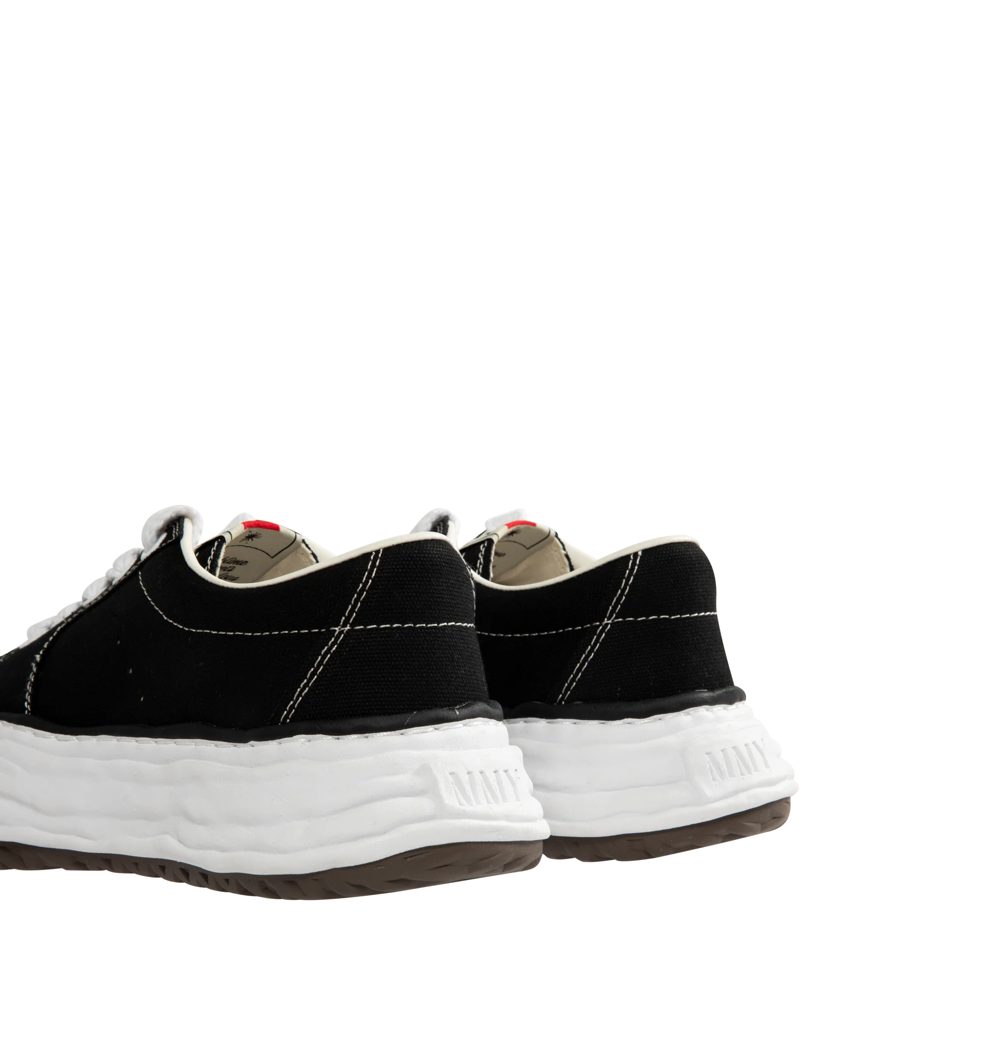 Image 3 of 5 - BLACK - Maison Mihara Yasuhiro Men's Eric Sneakers feature the brand's signature hand-sculpted OG sole, a mixed-material suede and canvas upper, and distinctive toe stitching for a bold contemporary look. Designed for the Spring/Summer 2026 collection, these designer low-top sneakers combine Maison Mihara Yasuhiro's experimental aesthetic with everyday comfort, while the handcrafted-inspired sole and intentional vintage detailing create a truly distinctive silhouette. Main Material: Cow Leath 