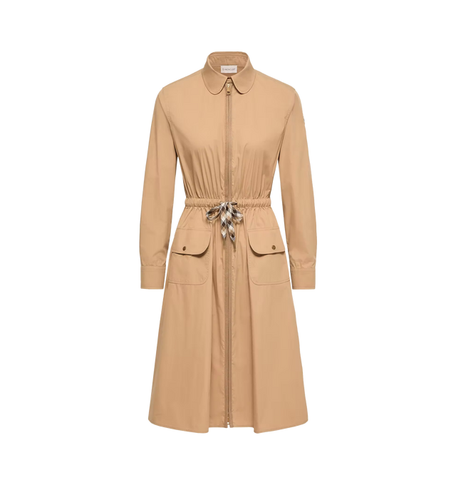 Image 1 of 1 - NEUTRAL - Moncler Womens Cotton Blend Knee-Length Dress is crafted from a technical cotton-based fabric. Features a two-way zip-front closure, patch pockets with snap-button closures, adjustable drawstring waist, and logo patch detailing. Base Fabric: 82% Cotton, 18% Polyamide / Nylon. Made in Romania.