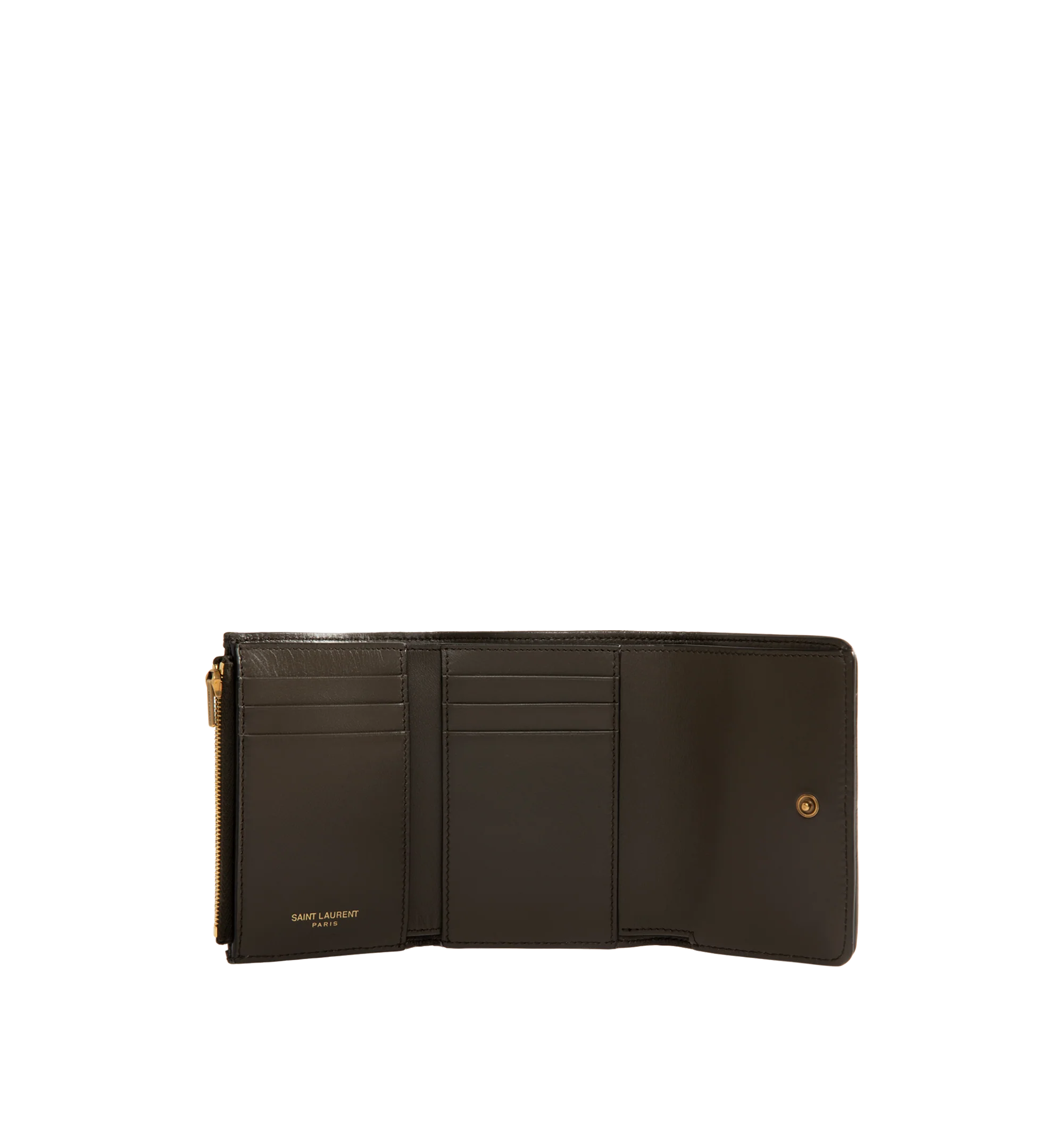 Image 3 of 3 - BROWN - Saint Laurent Womens Tri-Fold Wallet is crafted from calfskin leather. Features signature CASSANDRE hardware, quilted topstitching, snap-button closure, six card slots, one bill compartment, one zip coin pocket, and bronze-tone hardware. Dimensions: 12 11.5 2.5 cm. Main Material: Calfskin Leather; Hardware: Brass. Made in Italy.