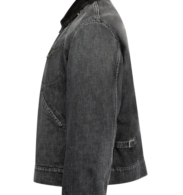 Image 5 of 5 - BLACK - MAISON MARGIELA Cotton Denim Workwear Zip Jacket featuring hidden front zip closure, 3-pocket design, buttoned cuffs, corduroy collar with fringe trim and midweight denim. 100% cotton. Made in Italy. 
