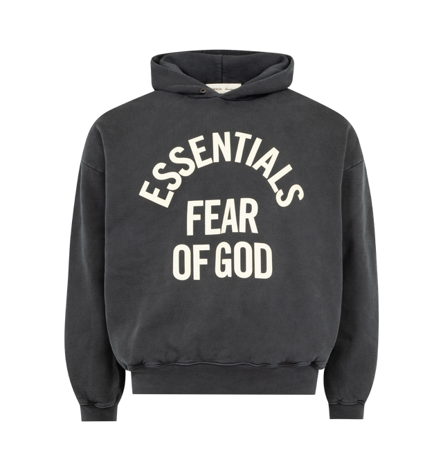 Image 1 of 3 - BLACK - FEAR OF GOD ESSENTIALS Campus 90s Hoodie 520GSM heavy fleece, pigment dyed, cropped, relaxed silhouette, exaggerated proportions with dropped shoulders for a relaxed drape, Essentials Fear of God campus puff-print graphic, side pockets, rib-knit cuffs, waist-hem and Fear of God Essentials label on the hood. 100% cotton.