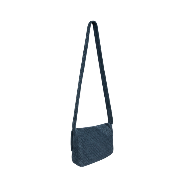 Image 2 of 3 - NAVY - BOTTEGA VENETA Veneto Flap Messenger Bag featuring intrecciato suede messenger bag with flap, one interior zipped pocket, one open pocket and flap closure. 7.3" x 10.2" x 2.0". Calfskin. Lining: suede. Made in Italy.