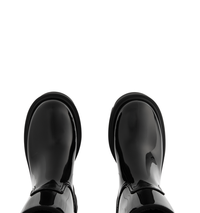 Image 4 of 4 - BLACK - MONCLER Kickstream Rain Boots featuring PVC and nylon upper, fabric insole, TPU welt, EVA tread, drawstring fastening and waterproof. Calf height 20 cm. Sole height 4 cm. 100% polyvinyl chloride. Lining: 80% polyamide/nylon, 20% elastane/spandex. Sole: 100% elastodiene. Made in Italy.