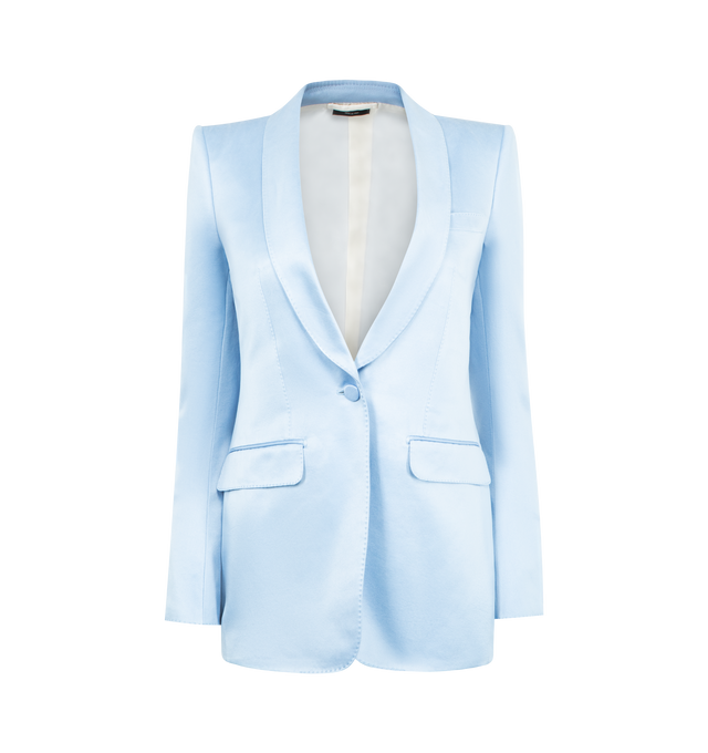 Image 1 of 2 - BLUE - TOM FORD Duchesse Satin Jacket featuring strong-shoulder jacket, tailored,a smooth cotton-and-silk duchesse satin, deep shawl collar, covered one-button closure, five-button cuffs, chest welt pocket, front flap pockets, back vent and lined. 61% cotton, 39% silk. Made in Switzerland.