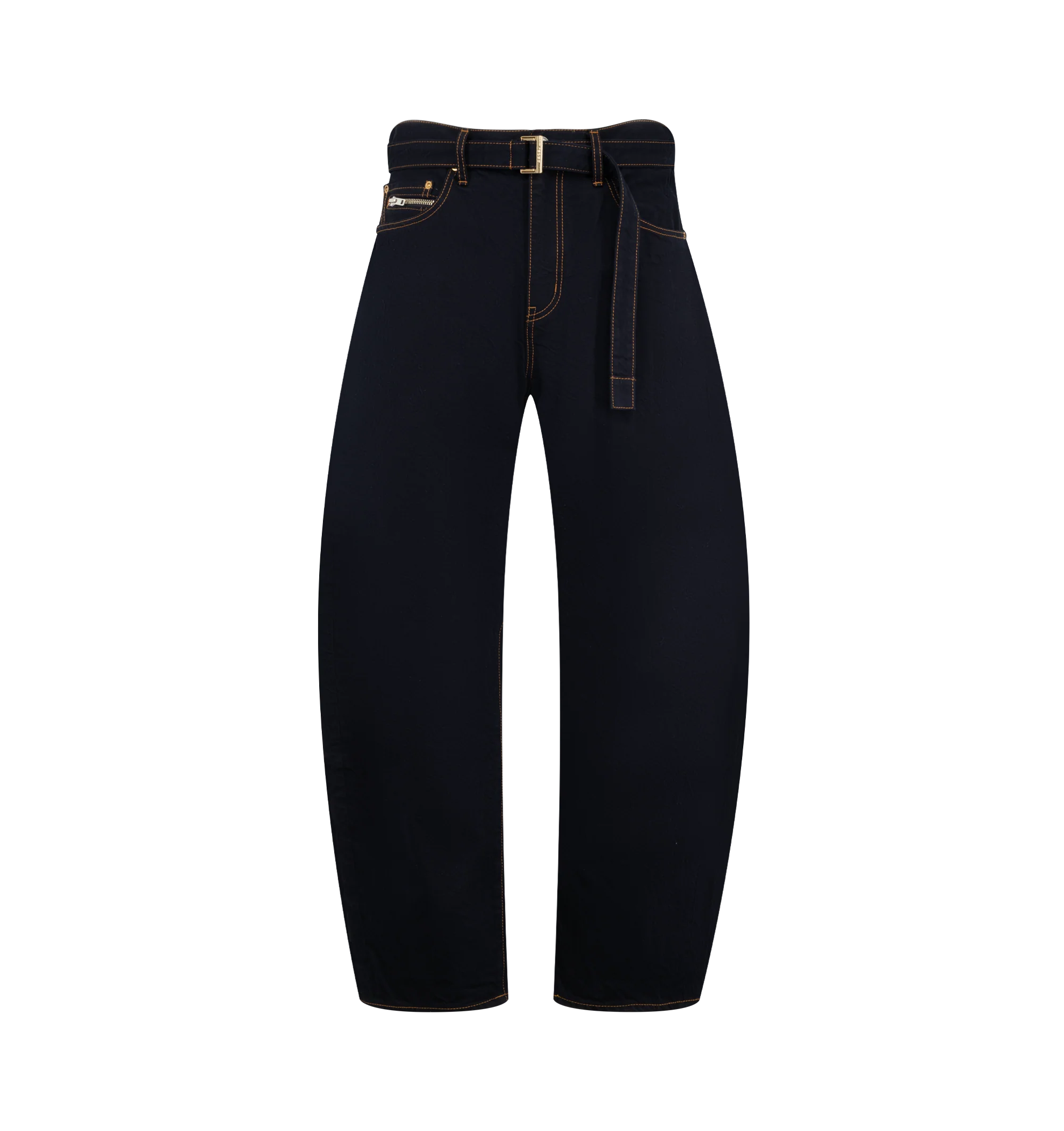 Image 1 of 3 - BLUE - Sacai Mens Dark Denim Pants are crafted from a dark wash denim cotton. Featuring a barrel-leg silhouette, belted waistband, zip fly with button closure, side pockets, and back welt pockets. Main Material: Cotton. Made in Japan.