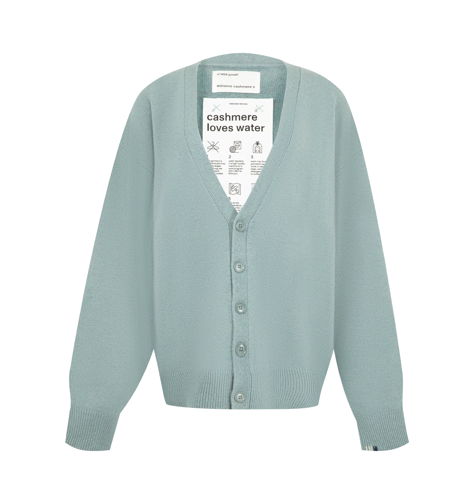 Image 1 of 2 - GREEN - EXTREME CASHMERE Jonah Sweater featuring a slouchy, relaxed-fit cashmere cardigan with a deep v-neck, fastened with five corozo buttons and rib-knit hem and cuffs. 94% cashmere, 5% nylon, 1% elastane. Every garment is offered in one size, designed to comfortably fit sizes XSXL. Each piece comes as is and is thoughtfully made to complement a wide range of body types.