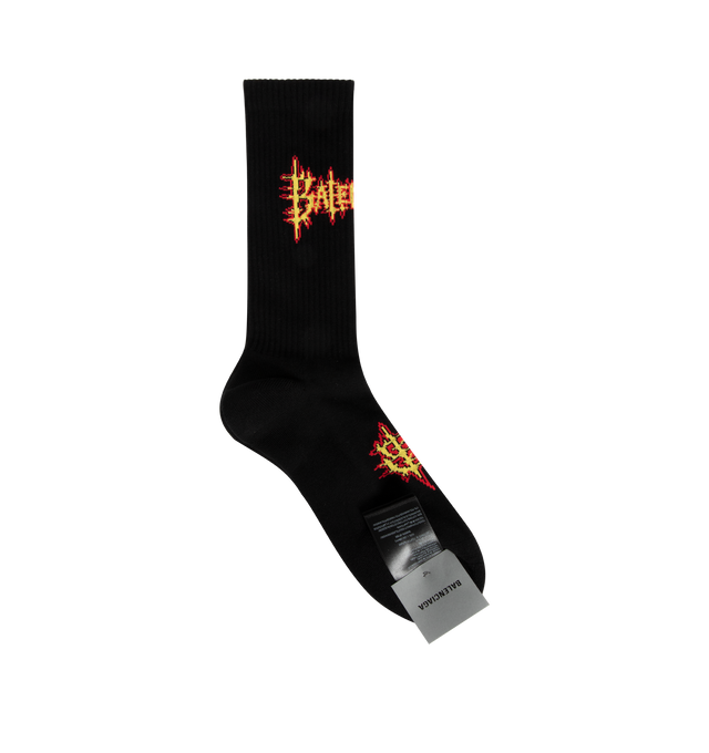 Image 2 of 3 - BLACK - BALENCIAGA Sacr Cur Socks featuring cotton blend, high socks, breathable fabric, Balenciaga Sacr Cur artwork and finishes in ribs. 86% cotton, 13% polyamide, 1% elastane. Made in Portugal.